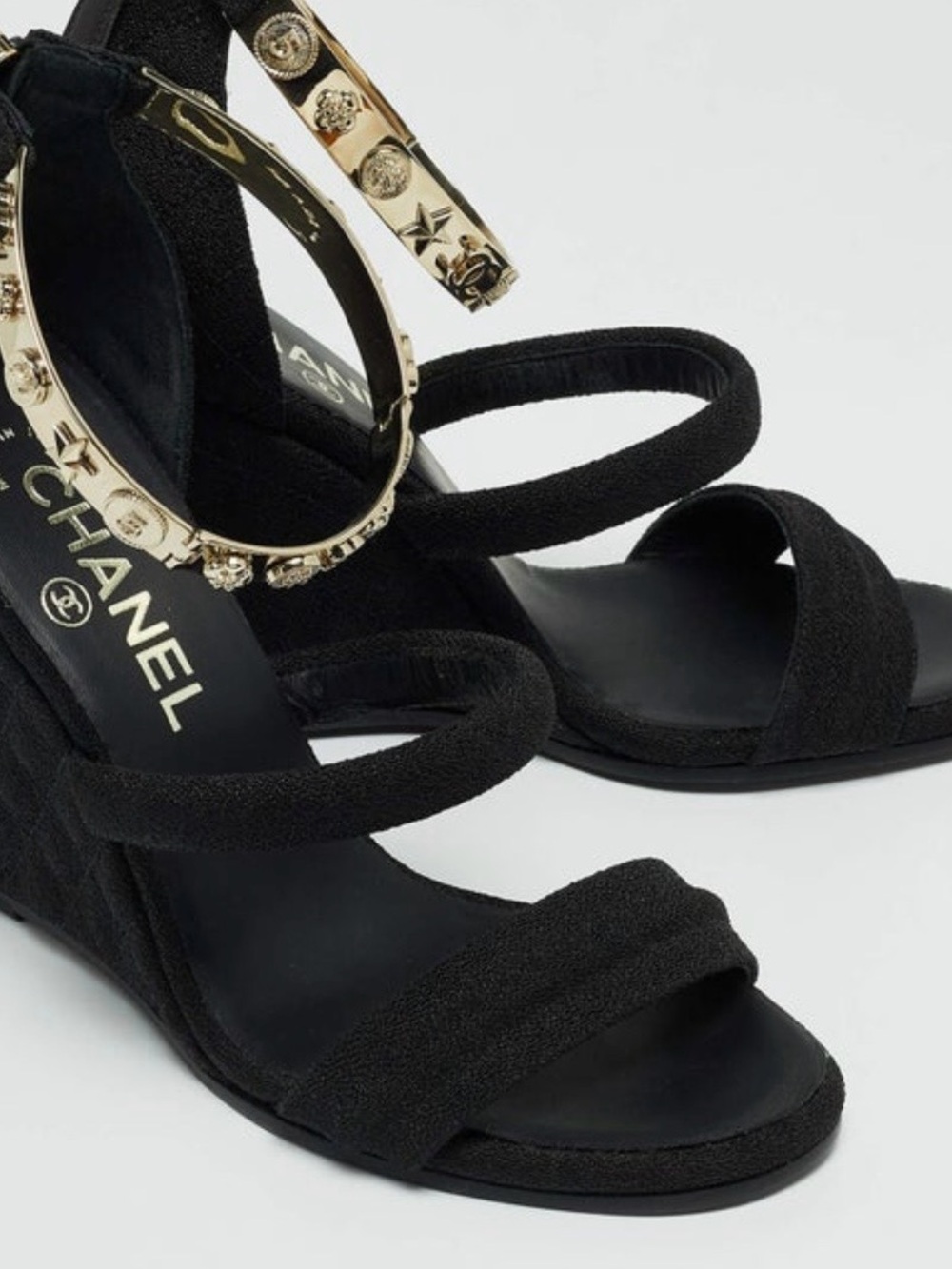 CHANEL Black Canvas Logo Lucky Charms Wedge Sandals - Picture 5 of 16
